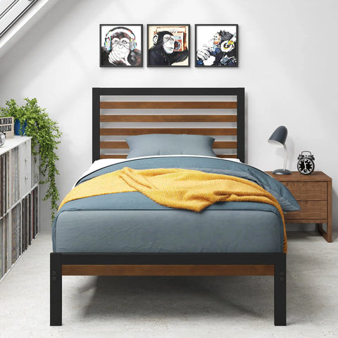 Solid Bamboo And Steel Platform Bed Frame With Sleek Headboard In Toasty Brown Twin Size in a modern bedroom setting.