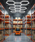 Warehouse with Hexagon LED Honeycomb Garage Light System 192W 23040LM Ultra Bright 6500K White Ceiling Lights installed