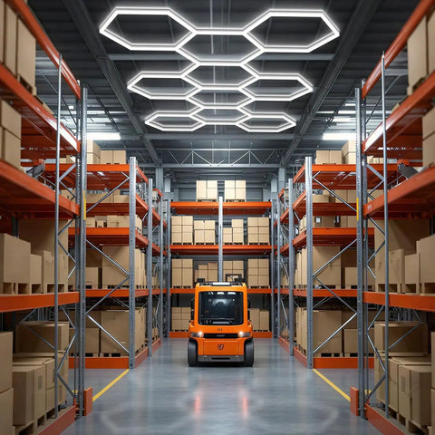 Warehouse with Hexagon LED Honeycomb Garage Light System 192W 23040LM Ultra Bright 6500K White Ceiling Lights installed