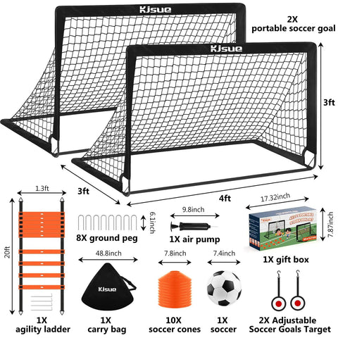 Backyard Pop Up Soccer Goals Set of 2 for Kids, 4x3ft Training Nets With Soccer Ball, Pump, Adjustable Ladder, Cones and Targets, Indoor Outdoor Practice Equipment, Black