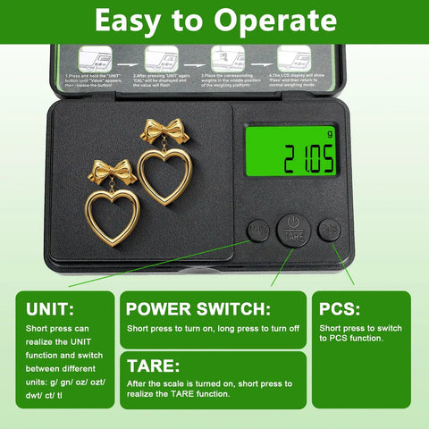 Portable Digital Pocket Scale 0.01 to 1000 g Precision Gram Scale With 7 Units And Tare Function LCD Display showing earrings