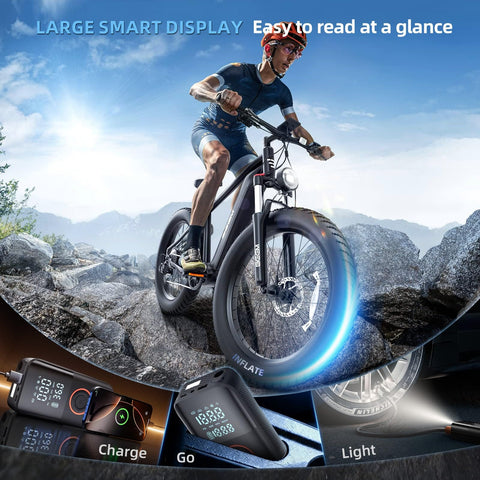Man inflating bike tire with Cordless Car Tire Pump With 150 PSI, digital display visible, rocky background