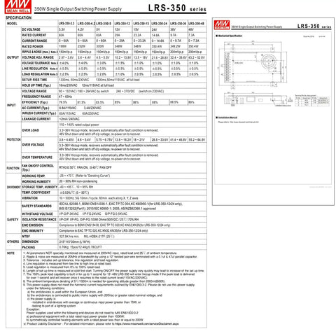 Built Like A Tank 36 Volt 9.7 Amp 350 Watt Ac Dc Switching Power Supply With High Efficiency And Ul Protection For Industrial Automation And Control Panel Projects specifications sheet