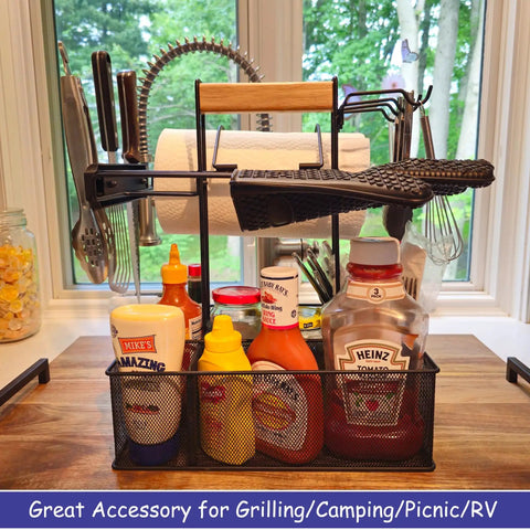 Grill Caddy For Outdoor Grill And BBQ Magnetic Tool Holder With Paper Towel Arm Condiment And Utensil Storage Organizer