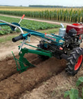 Go To Two Wheel Walking Tiller For Home Garden And Farm Use Mini Cultivator Machine tilling in a field, green and red design