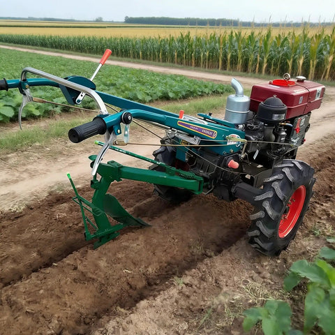 Go To Two Wheel Walking Tiller For Home Garden And Farm Use Mini Cultivator Machine tilling in a field, green and red design
