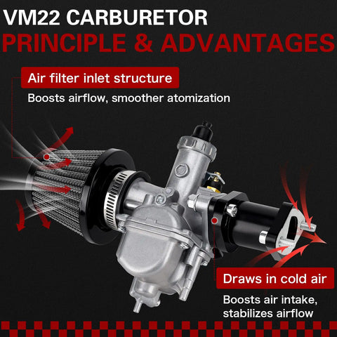 VM22 carburetor with 38mm air filter detailing air intake benefits for 26mm Performance Carburetor Beefed Up For 212cc 224cc 196cc Engines And GX160 GX200 6.5HP Coleman CT200U BT200X KT196 Mini Bike Go Kart With 38mm Red Air Filter And Intake Manifold Kit Black.