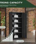 72 Inch Tall Locking Metal Garage Storage Cabinet with Doors and Four Shelves Built Tough Black Tool Steel Cabinet in modern room.