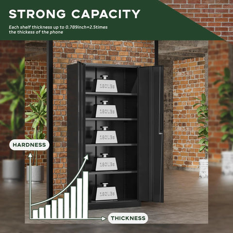 72 Inch Tall Locking Metal Garage Storage Cabinet with Doors and Four Shelves Built Tough Black Tool Steel Cabinet in modern room.