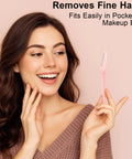 Six Piece Eyebrow Razor Kit For Her Or Him Is A Total Game Changer That Works Like Magic To Strip Facial Hair And Dermaplaning Skin While The Snug Cover Keeps Your Routine Easy Peasy And Always Clean, showing a woman holding a pink eyebrow razor.