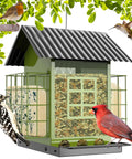 Heavy Duty Outdoor Bird Feeder With Double Suet Cage Hanging Metal Construction Weatherproof Finish Large Capacity shown with birds feeding