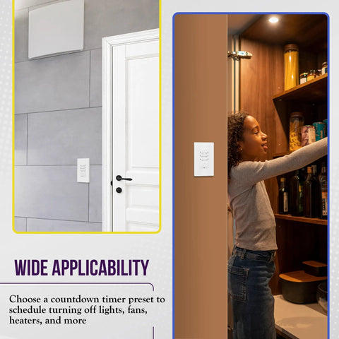 Image showing No Neutral Wire Countdown Timer Switch in bathroom next to a door and girl interacting with pantry light control.