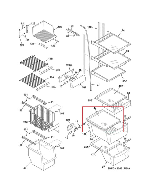 Upper Crisper Pan Cover Replacement For Frigidaire Refrigerators Fits 240350702 illustration detailing placement