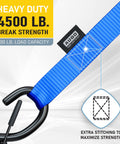 Blue Six Pack Soft Loop Tie Down Strap with hook, showing 1500 lb load capacity and 4500 lb break strength for ATVs.