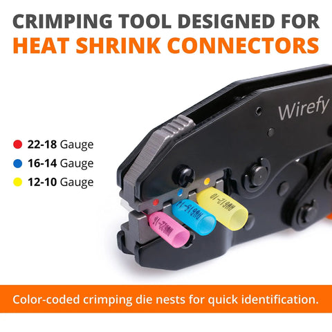 Close-up of ratcheting wire crimp tool for heat shrink connectors with precision die and color-coded gauges for auto marine DIY projects.