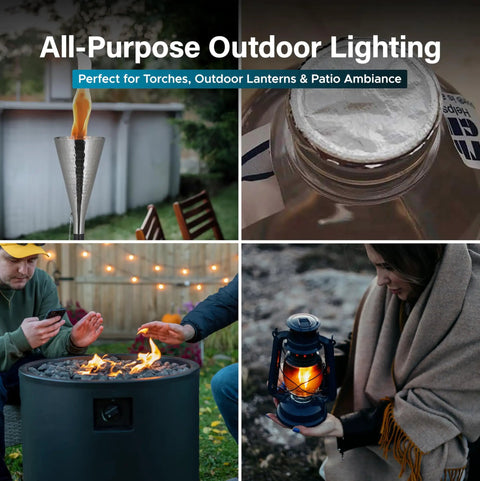 Multiple views showing Odorless Clean Burning Tiki Torch Fuel For Outdoor Torches And Lanterns, Smokeless Formula Delivers A Bright Steady Flame, Long Lasting 32oz Bottle For Backyard Patio And Garden Nights