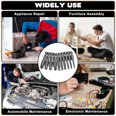Badass Magnetic Security Star Bits Set Featuring Rock Solid S2 Steel Construction No Hassle Quarter Inch Hex Shank Drive displayed in diverse uses like appliance repair, furniture assembly, automotive, and electronics maintenance.