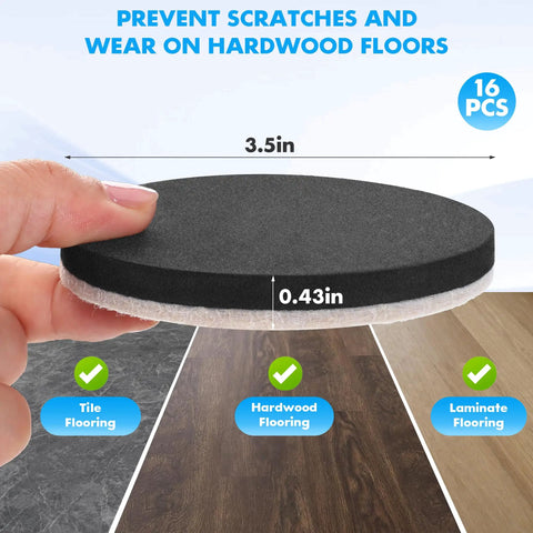 16-Pack Felt Furniture Sliders For Hardwood Floors, Easy Glide For Heavy Furniture And Appliances, Reusable Floor Protectors And Moving Pads, 3.5 Inch Diameter, Save Effort And Protect Your Floors