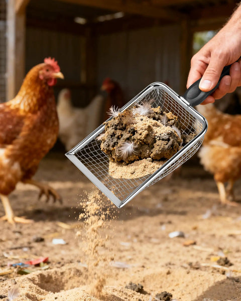 2 Pack Heavy Duty Chicken Poop Scooper With Dual 3.8mm And 5mm Mesh Sizes, Metal Coop Rake And Scoop Tool For Cleaning Poop, Sand Sifting, Litter, And Chicken Bedding, sifting sand in chicken coop