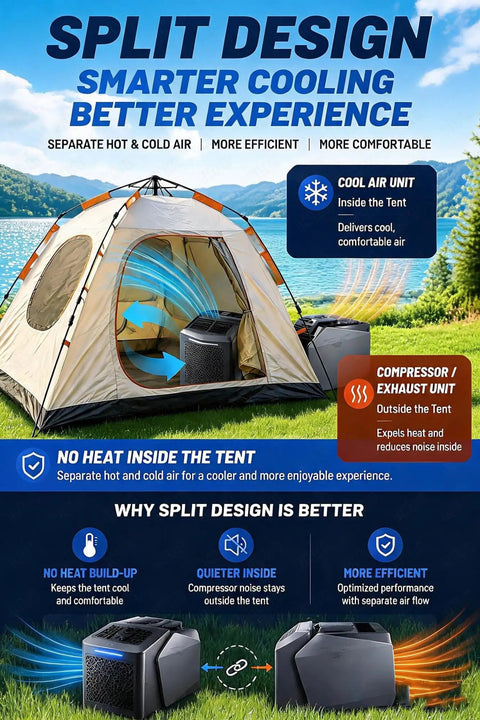 6200 BTU Portable Air Conditioner With Remote For Indoor Outdoor Camping detailed image of split design and cooling features, showing tent setup.