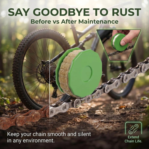Keep Your Ride Purring Roller Type Bike Chain Oiler With Storage Jar And Two Wool Felts No Drip Chain Slicker For Smooth Shifting Portable Bicycle Drivetrain Care For Mountain Road And City Cycles Green, shown in use on a bike chain.