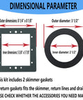 Replacement Above Ground Pool Skimmer And Return Gasket Kit 863000 Fits Fanta Sea Kayak Pools with dimensions and compatibility chart