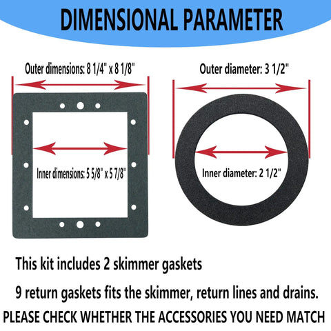 Replacement Above Ground Pool Skimmer And Return Gasket Kit 863000 Fits Fanta Sea Kayak Pools with dimensions and compatibility chart