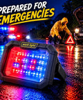 Solar Work Light, 38 LED Powerful Portable Flood Light in action during an emergency at night with red and blue lights.