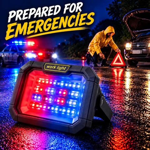 Solar Work Light, 38 LED Powerful Portable Flood Light in action during an emergency at night with red and blue lights.