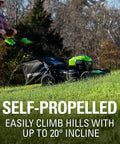 Man pushing 40V 21-Inch Self-Propelled Lawn Mower With Brushless Motor And Traction, easily climbing a hill.