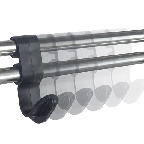 Close-up of the Garage Sports Gear Organizer Wall Mount Ball Rack mechanism showing adjustable steel rods and polymer parts.