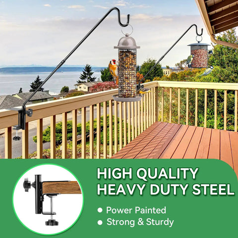 Deck Hook Railing And Fence Mount 28 Inch Powder Coated Metal Shepherds Hook Bracket For Outdoor Plant Hanger Bird Feeder Hanger Flower Baskets Lanterns 360 Degree Rotating Pole With Extended Arm on deck holding bird feeders.