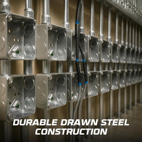 4 Inch Drawn Steel Electrical Box Set With 2 1/8 Inch Depth And 1/2 And 3/4 Inch Knockouts, 33 Cubic Inch Capacity, Galvanized Steel Construction