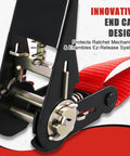 Close-up of 4 Pack 1 Inch By 15 Foot Ratchet Straps With 1500 Lb Break Strength S Hooks And 4 Soft Loops, neon webbing, end cap design