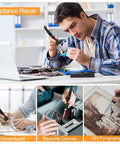 Collage of a man using an 80W Soldering Gun Kit with LED display for electronics repair and DIY projects.