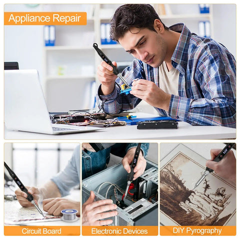 Collage of a man using an 80W Soldering Gun Kit with LED display for electronics repair and DIY projects.