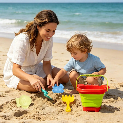 Child playing with Foldable Bucket And Shovel Tools Kit For Kids Sand Toys With Animal Design on beach