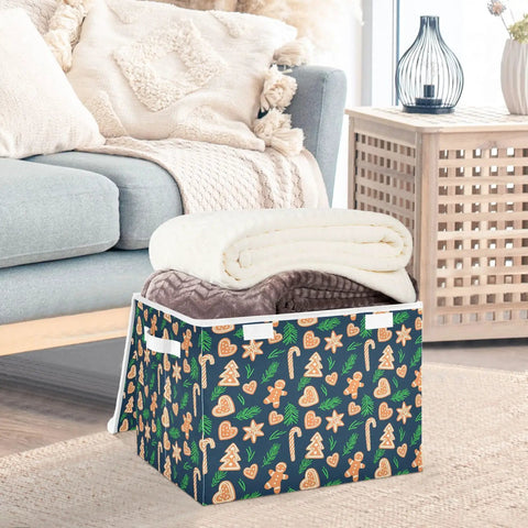 Foldable Storage Bin With Flip Top Lid And Reinforced Handles For Bedroom Closet storing rolled blankets on a living room floor.