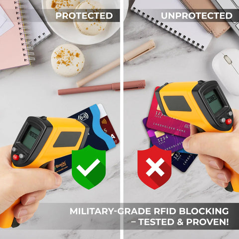 Comparison of Travel RFID Blocking Card Sleeves Set Of 12 With Color Coded Envelopes for Identity Theft Protection using scanners