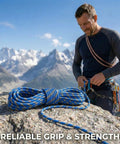 Man with Double Braided Arborist Rigging Rope 1/2 Inch by 100 Feet Heavy Duty 48 Strand Polyester Static Rope on mountain