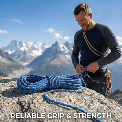 Man with Double Braided Arborist Rigging Rope 1/2 Inch by 100 Feet Heavy Duty 48 Strand Polyester Static Rope on mountain