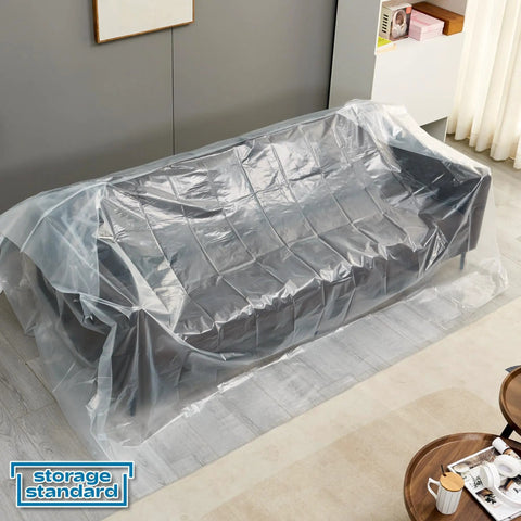 Heavy Duty Plastic Couch Cover For Moving And Storage Waterproof Clear Sofa Wrap For Renovation Dustproof Reusable Extra Large Furniture Bag 96 X 42 X 62 Inches Keeps Your Sofa Safe While You Move covering a gray sofa indoors