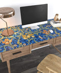 Vintage Bird Peel and Stick Wallpaper in Blue Floral Pattern on desk top, William Morris inspired design, renter friendly vinyl