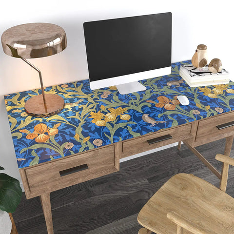 Vintage Bird Peel and Stick Wallpaper in Blue Floral Pattern on desk top, William Morris inspired design, renter friendly vinyl