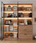 Walnut Display Cabinet With Glass Doors And Three Drawers App Controlled LED Lights Tall Bookcase in living room.