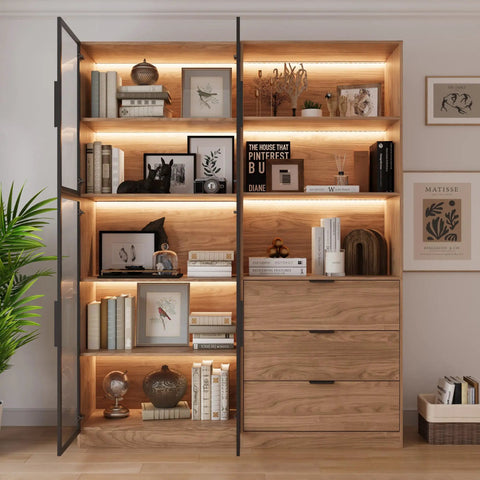 Walnut Display Cabinet With Glass Doors And Three Drawers App Controlled LED Lights Tall Bookcase in living room.