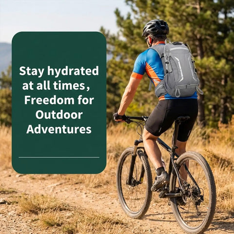 Cyclist wearing Lightweight Hydration Backpack With 2L Bladder For Men And Women, Hands Free Water Pack, biking outdoors