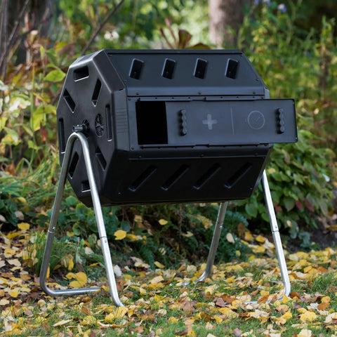 Canadian Made 37 Gallon Dual Chamber Tumbling Composter With 100 Percent Recycled Resin Eco Friendly Outdoor Rotating Bin For Garden Kitchen And Yard Waste Black Finish
