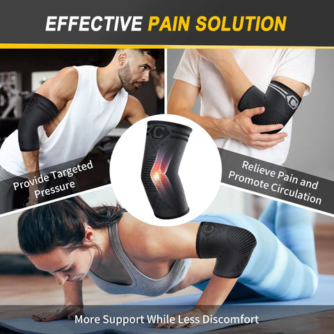 Two Pack Elbow Compression Sleeve For Tendonitis And Tennis Elbow Relief 3D Knit Arm Guard in use by athletes and yogis