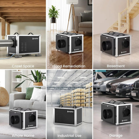 Heavy-Duty 216 Pint Crawl Space Dehumidifier With Built-In Pump And Remote Control For Whole House And Basement, in various indoor and industrial settings.